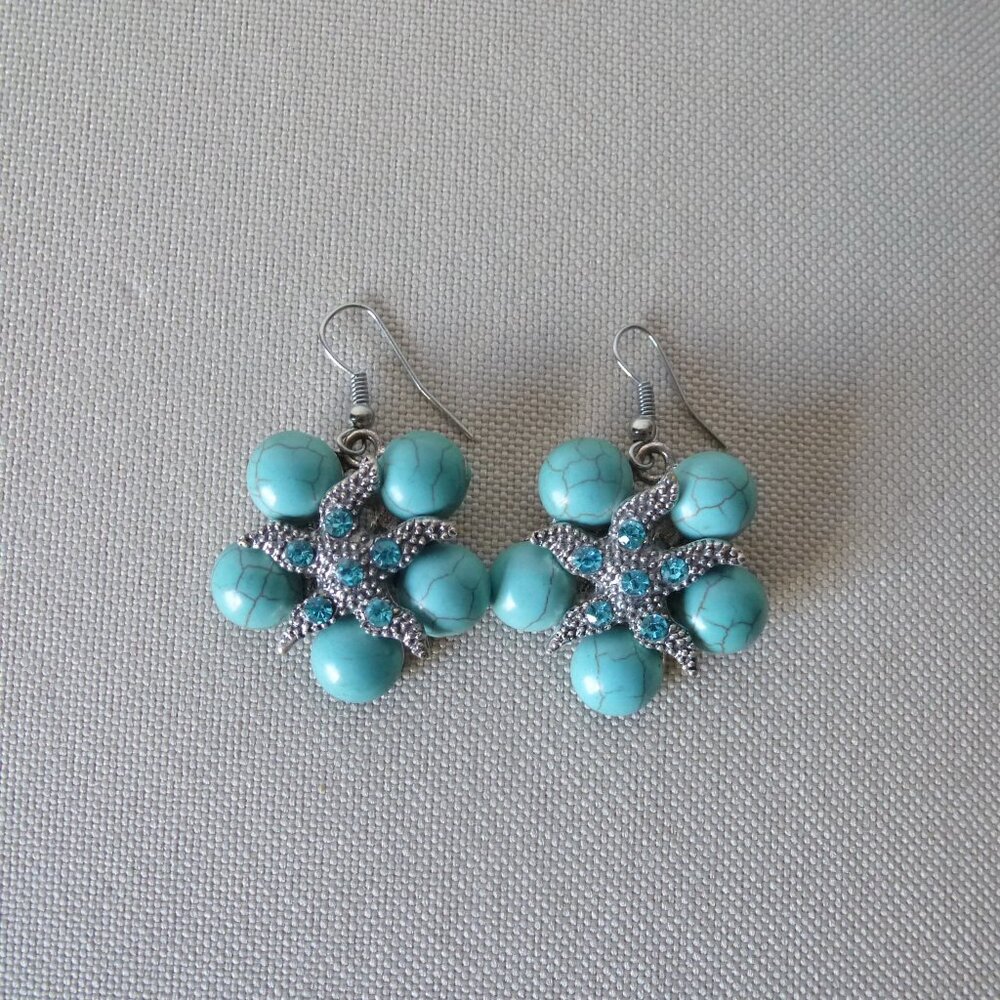 Turquoise, Blue Crystal Starfish, Silver Tone Earrings